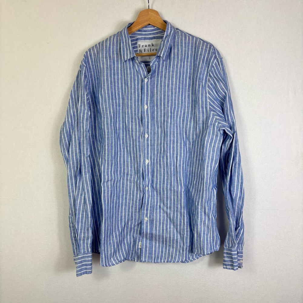 Frank & Eileen Men's Shirt Large Linen Blue White Striped Long Sleeve Button Up
